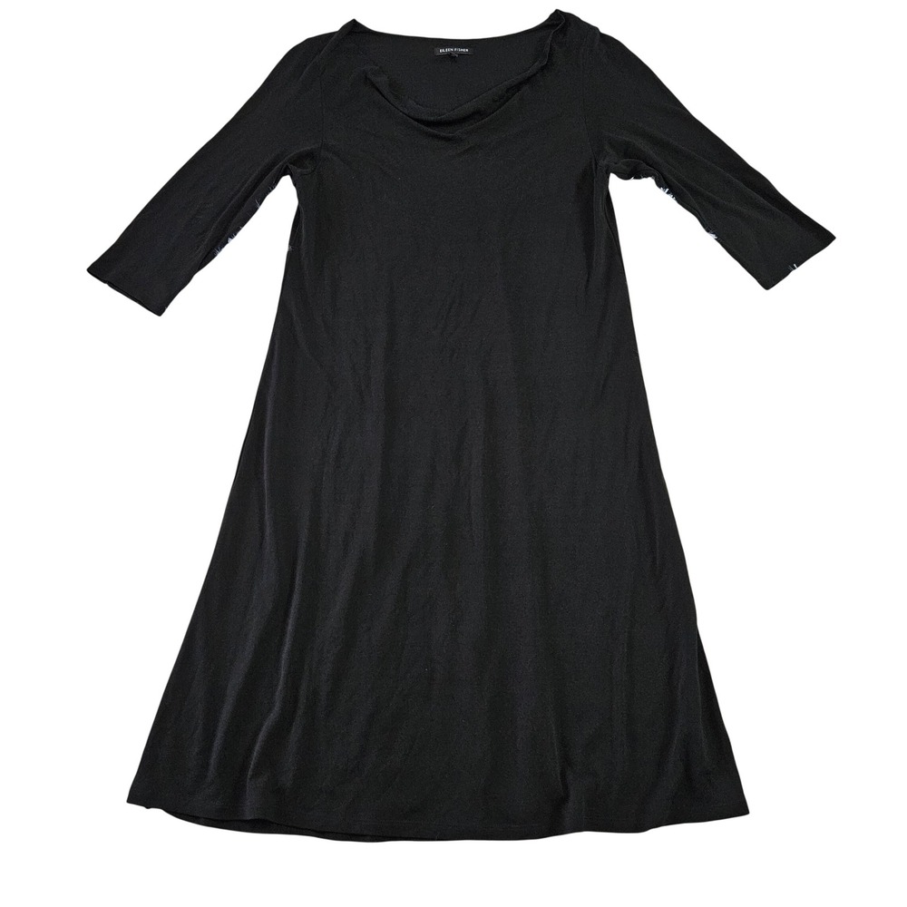Eileen Fisher Black 100% Silk Cowl Neck 3/4 Sleeve Minimalist Shift Dress Sz S